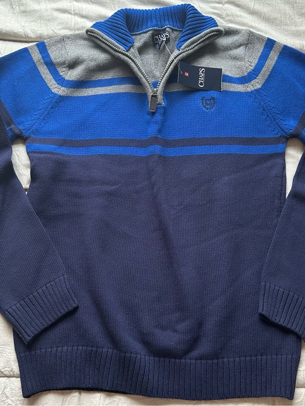 Chaps Men’s Navy, Royal Blue & Gray Half-Zip Striped Sweater